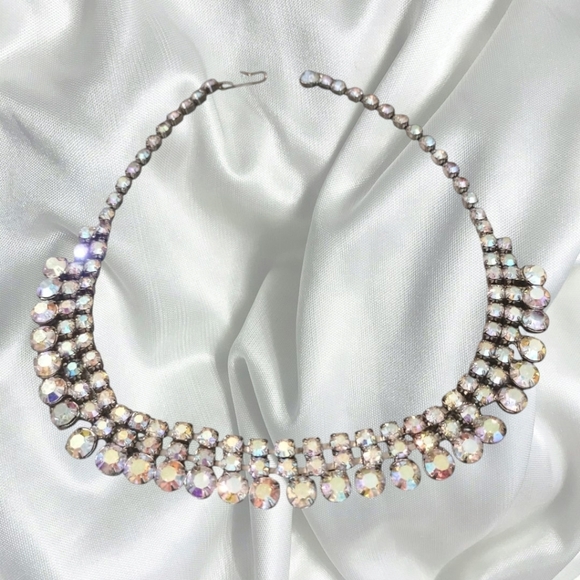 Vintage Aurora Borealis Rhinestone Bib Necklace Estate Jewelry Bridal - Picture 1 of 5